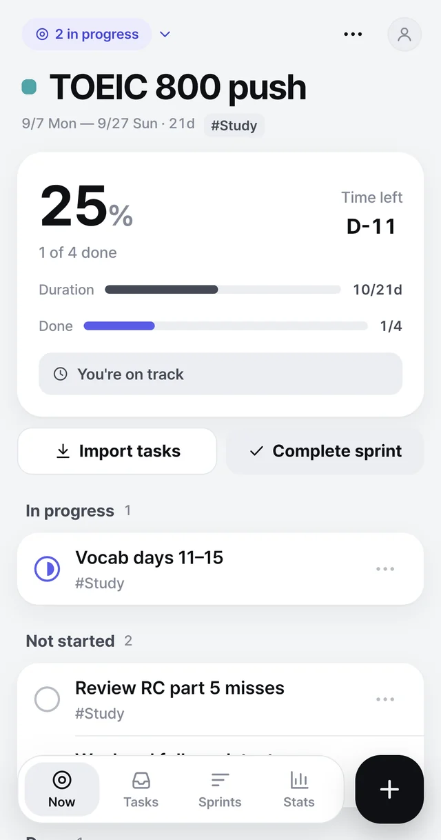Now screen showing 25% progress, D-11 time left and the tasks in flight.