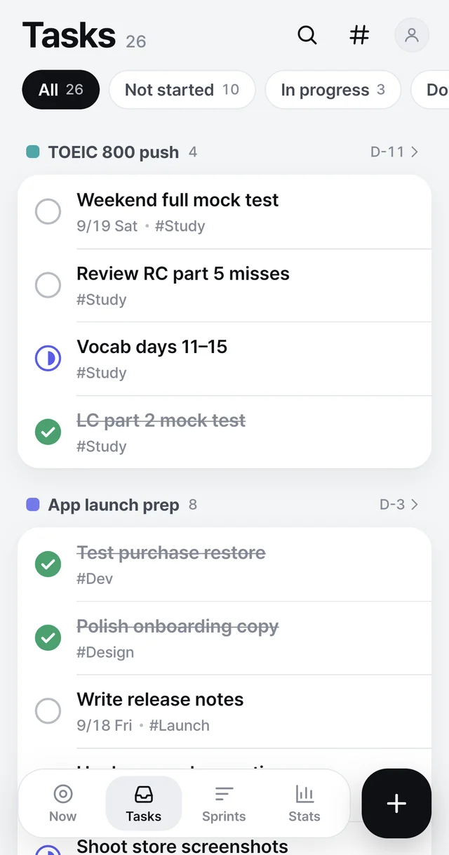 Tasks screen with tasks grouped by sprint and filtered by status.