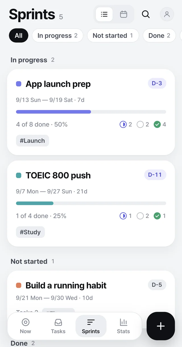 Sprints screen showing in-progress, not started and done sprints with progress.