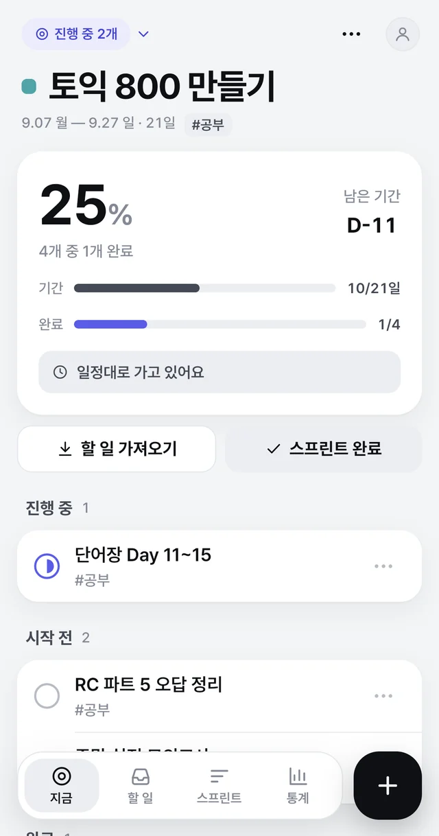 지금 화면. 진행 중 스프린트의 진척률 25%, 남은 기간 D-11, 진행 중 할 일이 보입니다.
